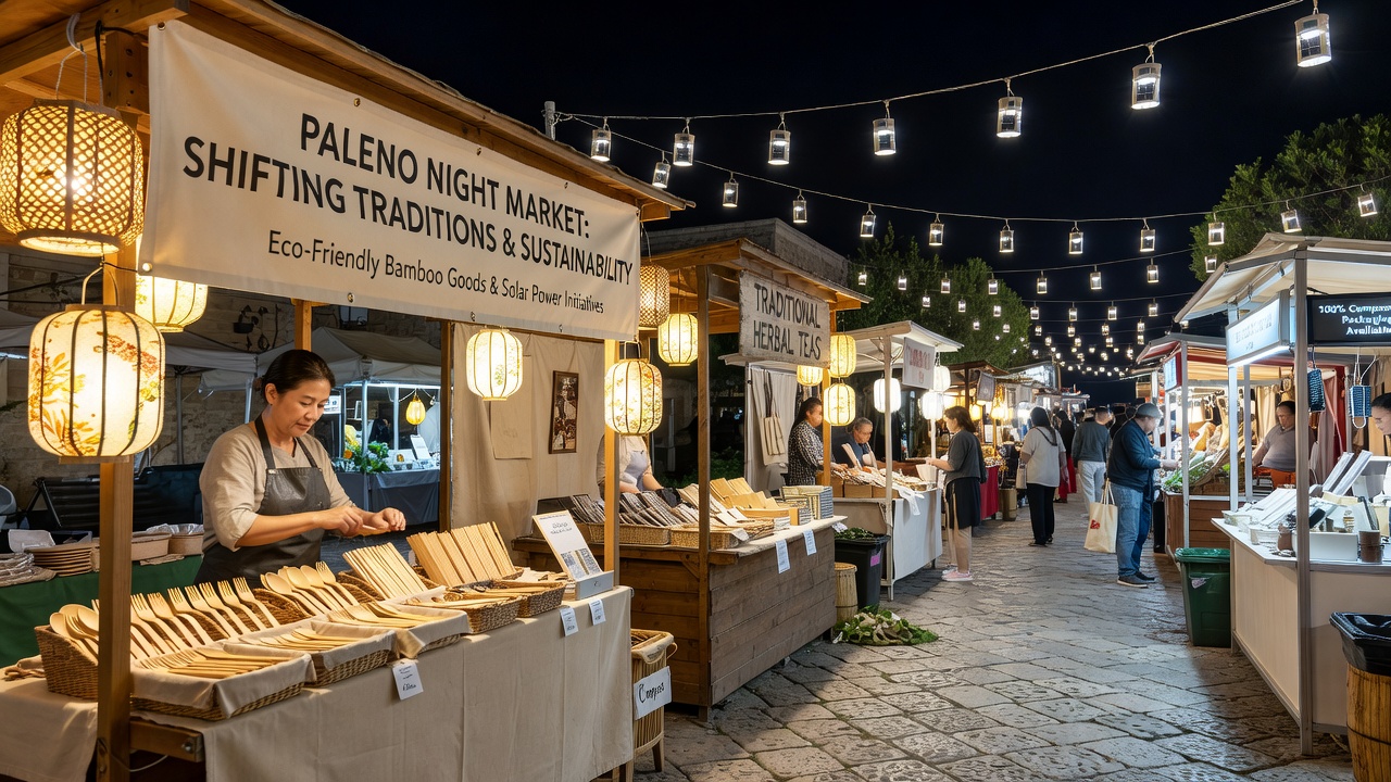 Vendors at a Paleno night market using eco-friendly materials and digital payment systems amid evening crowds