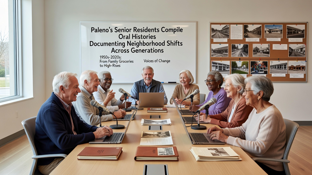 Elderly participants reviewing old photographs and maps during an oral history session